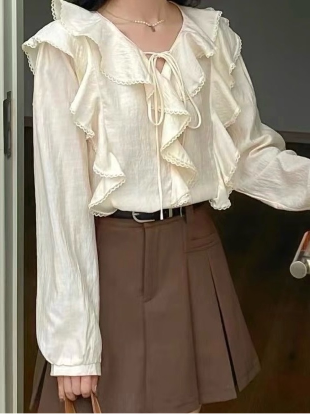 White Ruffle Tie-Neck Women's Blouse